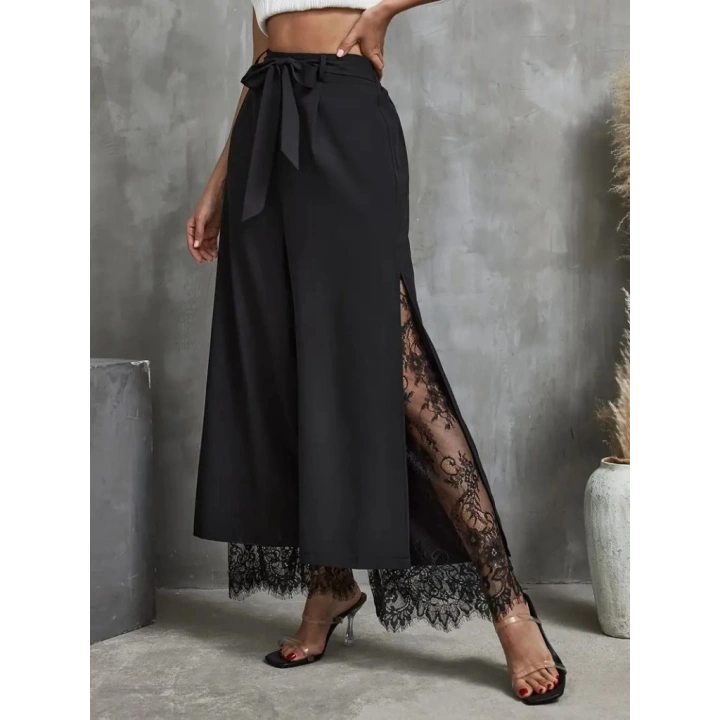 Kadın Yüksek Bel Belden Kuşaklı üst Dalgıç Alt Dantel Detaylı Dalgıç Pantolon