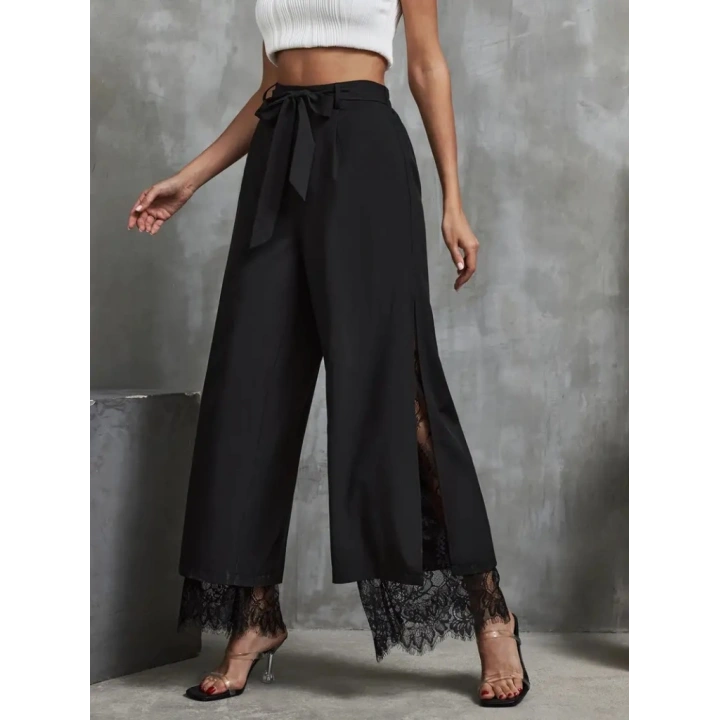 Kadın Yüksek Bel Belden Kuşaklı üst Dalgıç Alt Dantel Detaylı Dalgıç Pantolon