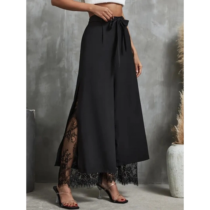 Kadın Yüksek Bel Belden Kuşaklı üst Dalgıç Alt Dantel Detaylı Dalgıç Pantolon