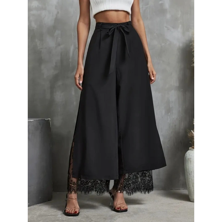 Kadın Yüksek Bel Belden Kuşaklı üst Dalgıç Alt Dantel Detaylı Dalgıç Pantolon