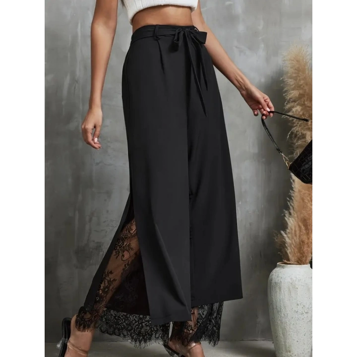 Kadın Yüksek Bel Belden Kuşaklı üst Dalgıç Alt Dantel Detaylı Dalgıç Pantolon