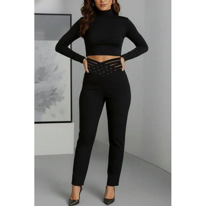 Kadın Yüksek Bel çapraz şerit Detaylı Ithal Krep Pantolon
