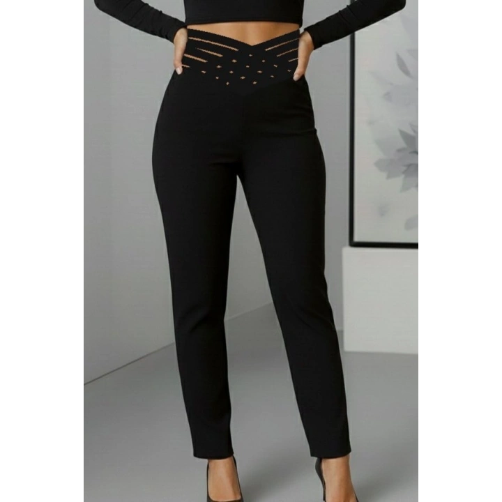 Kadın Yüksek Bel çapraz şerit Detaylı Ithal Krep Pantolon