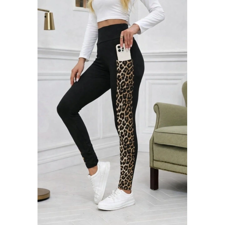 Kadın Yüksek Bel Cep Detaylı Leopar Desenli Dalgıç Tayt