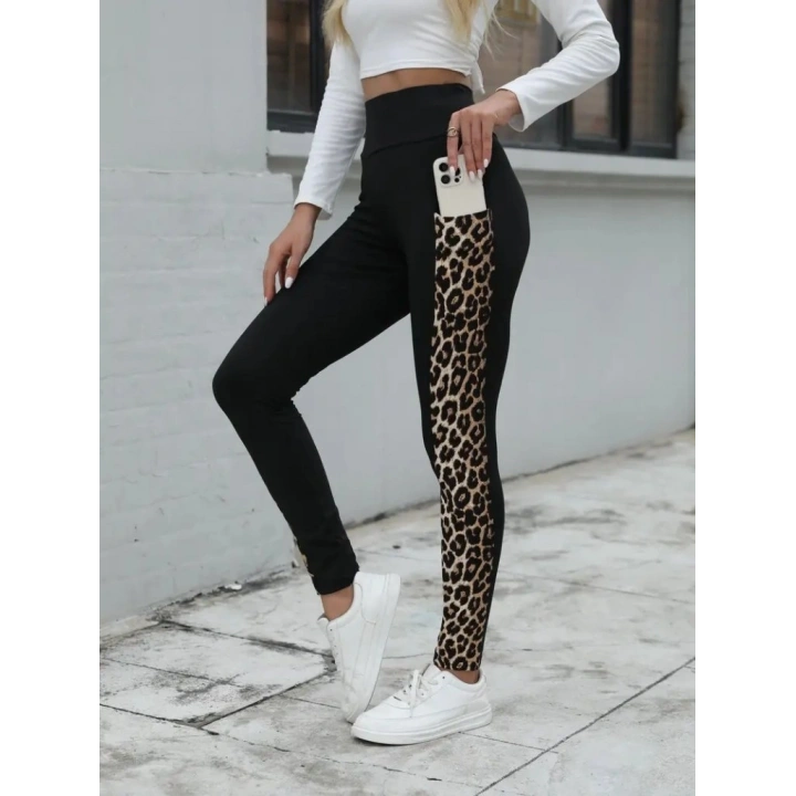 Kadın Yüksek Bel Cep Detaylı Leopar Desenli Dalgıç Tayt