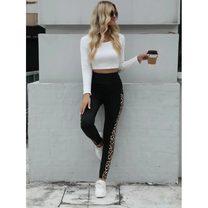 Kadın Yüksek Bel Cep Detaylı Leopar Desenli Dalgıç Tayt