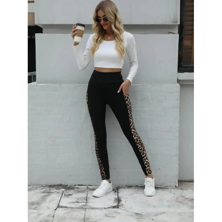 Kadın Yüksek Bel Cep Detaylı Leopar Desenli Dalgıç Tayt