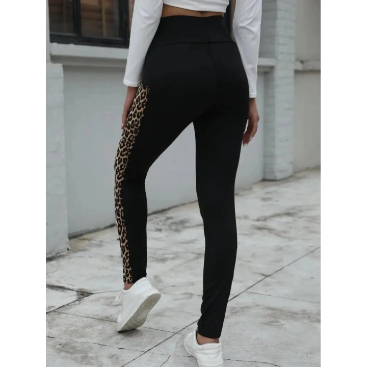 Kadın Yüksek Bel Cep Detaylı Leopar Desenli Dalgıç Tayt