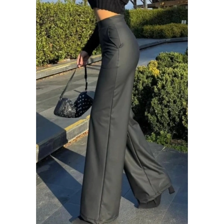 Kadın Yüksek Bel Cepli şardonlu Geniş Paçalı Mat Deri Pantolon