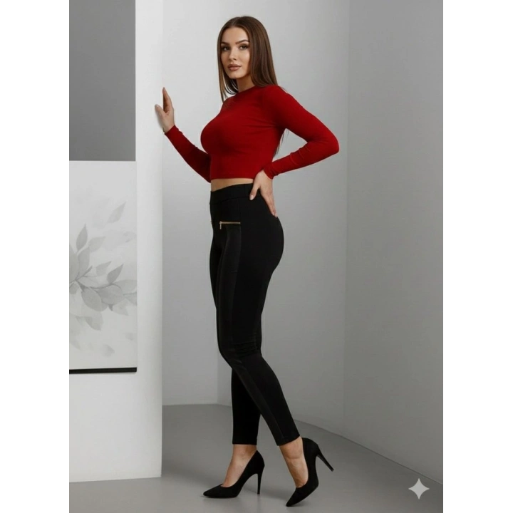 Kadın Yüksek Bel Deri Detaylı Fermuarlı Dalgıç Tayt