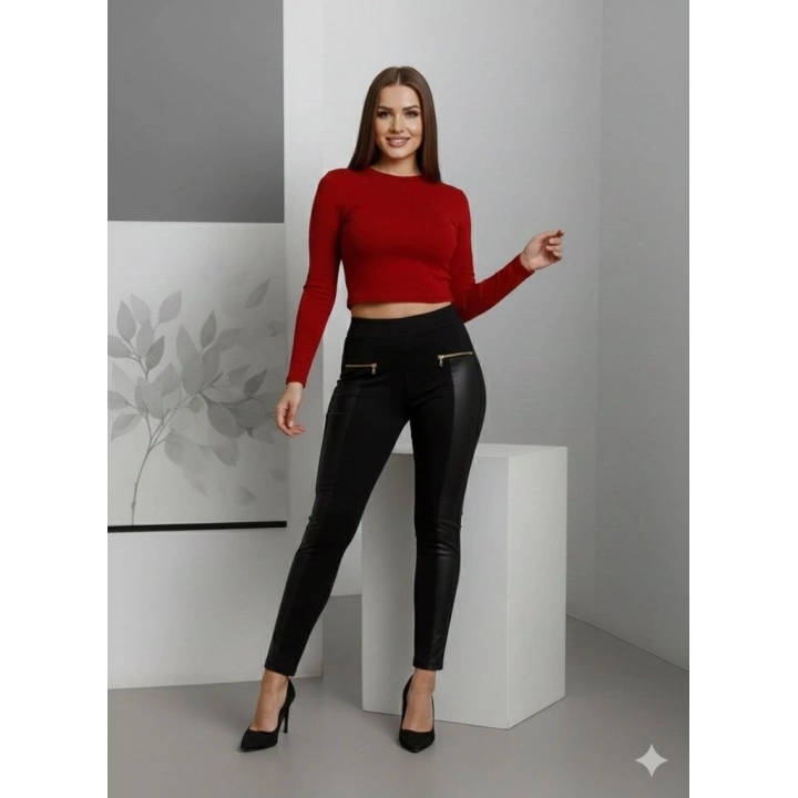 Kadın Yüksek Bel Deri Detaylı Fermuarlı Dalgıç Tayt