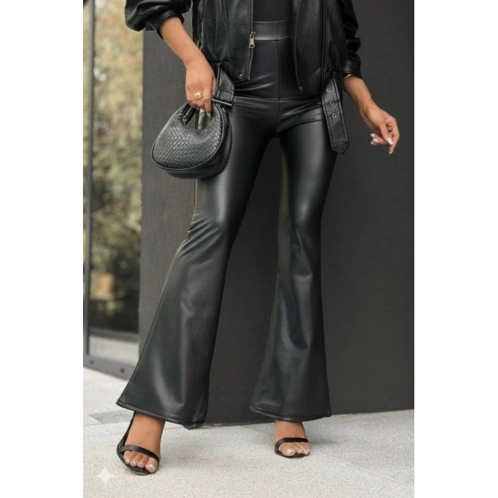 Kadın Yüksek Bel İspanyol Paçalı Deri Pantolon