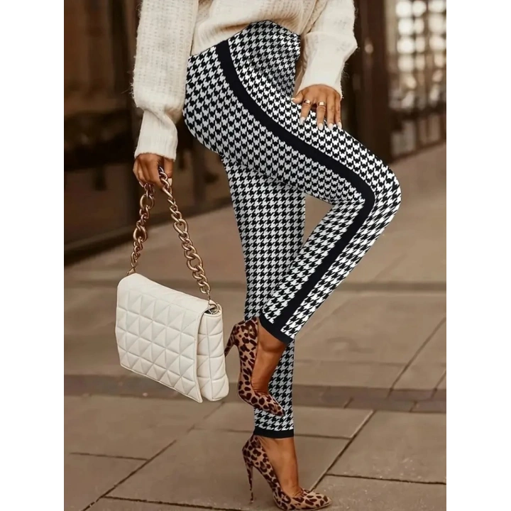 Kadın Yüksek Bel Kaz Ayağı Desenli Yanları şeritli Dalgıç Pantolon