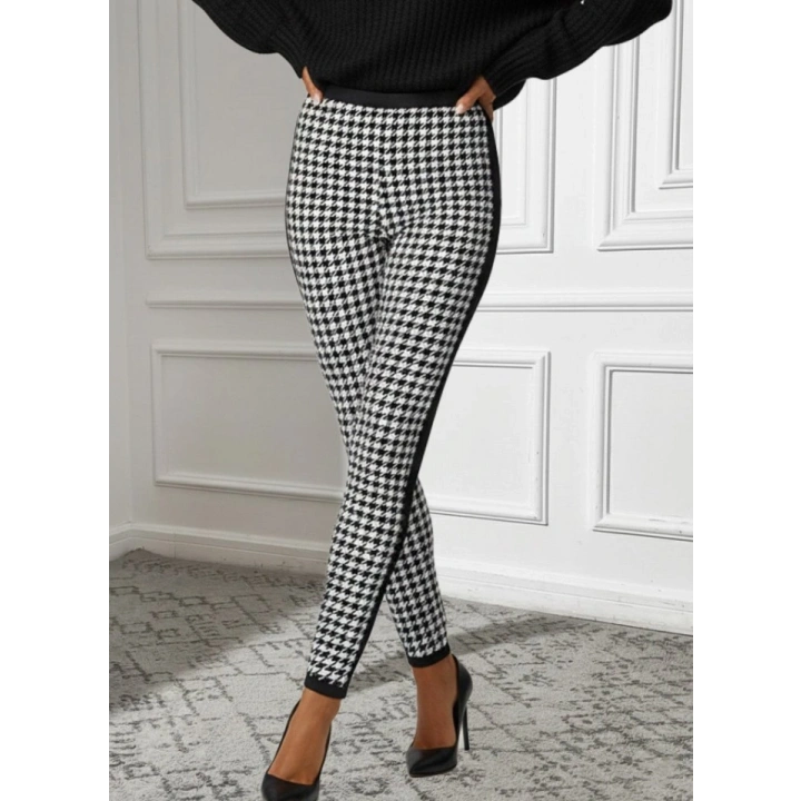 Kadın Yüksek Bel Kaz Ayağı Desenli Yanları şeritli Dalgıç Pantolon