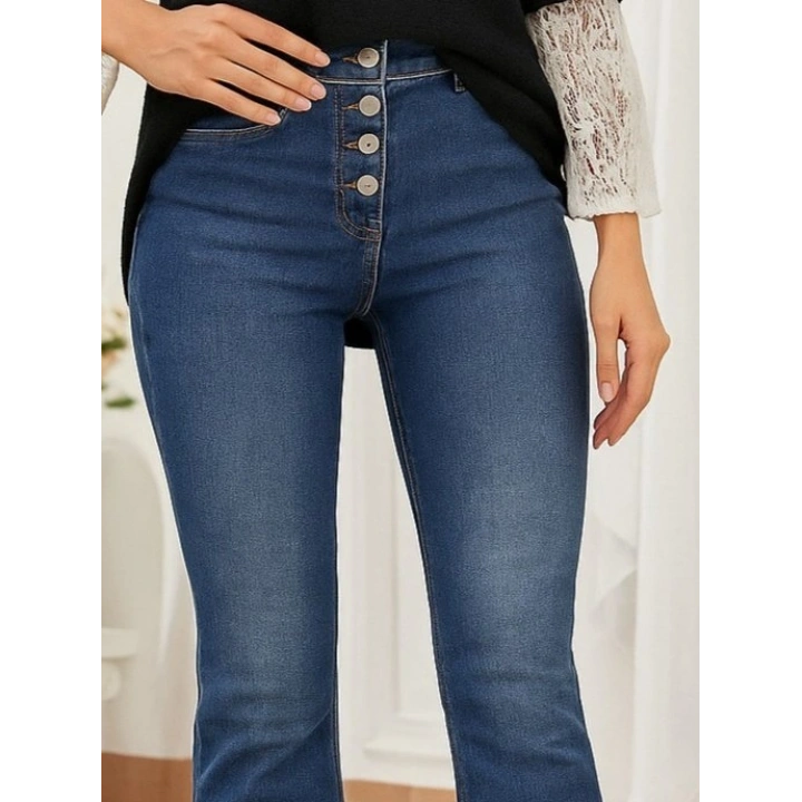 Kadın Yüksek Bel önden Düğmeli Cep Detay Ispanyol Paça Denim Pantolon
