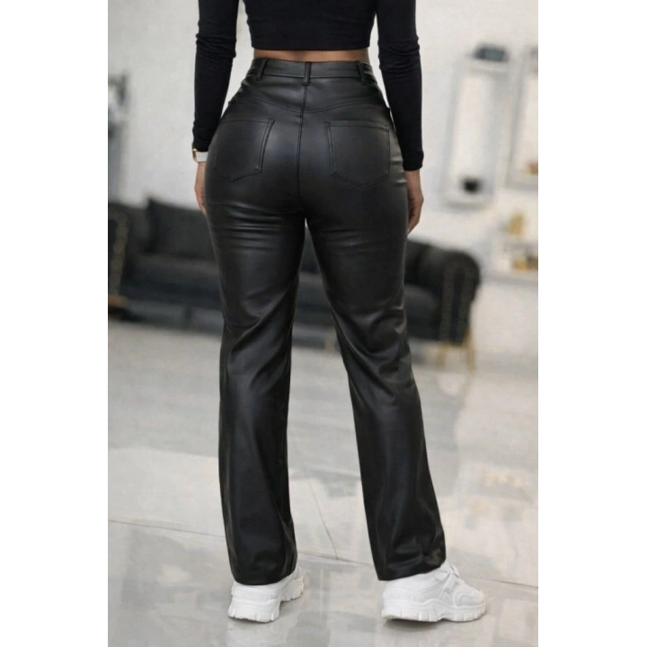 Kadın Yüksek Bel önden Düğmeli Deri Pantolon