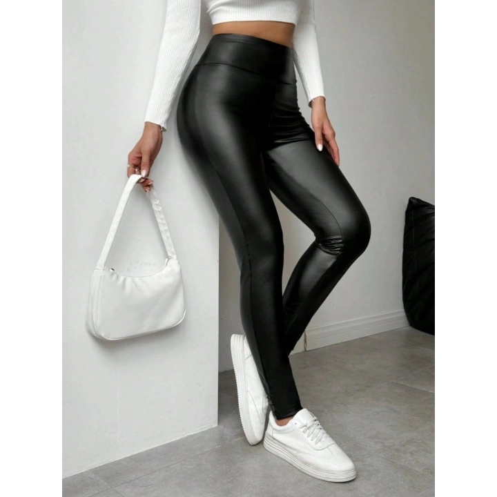 Kadın Yüksek Bel şardonlu Parlak Deri Tayt