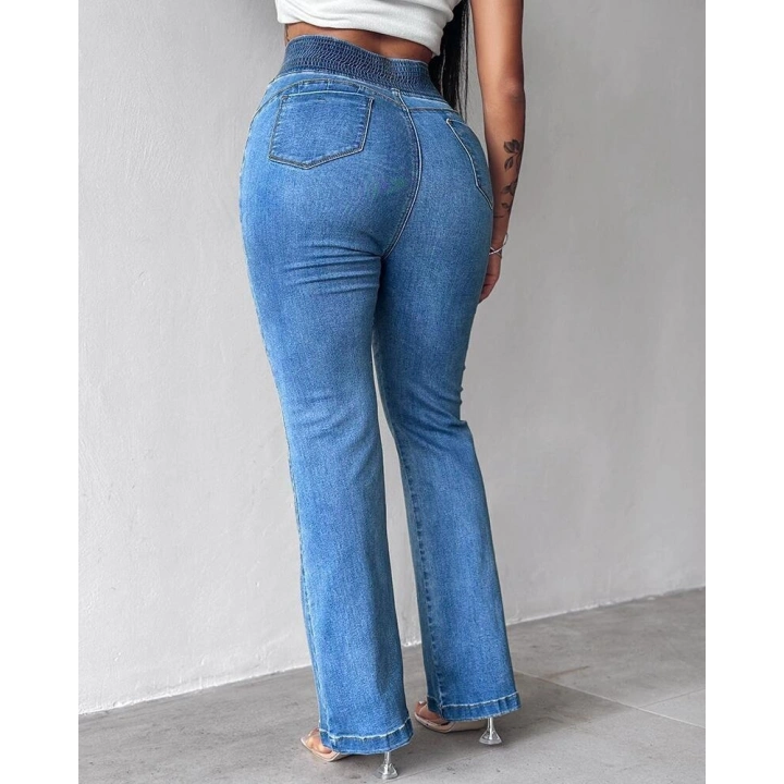 Kadın Yüksek Bel Yanları Lastik önü Düğmeli Kot Pantolon