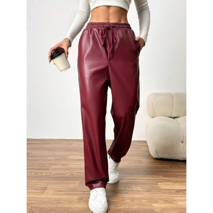 Kadın Yüksel Bel Bağcıklı Deri Pantolon