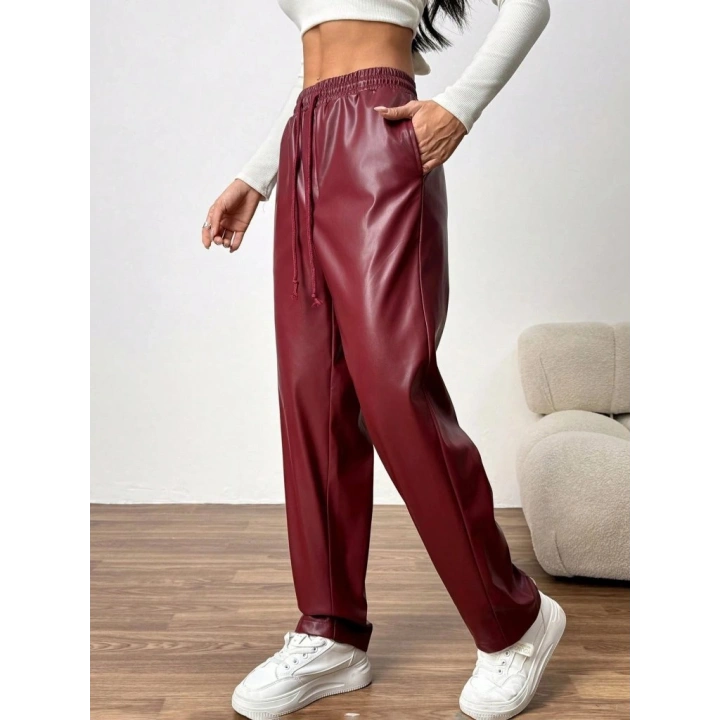 Kadın Yüksel Bel Bağcıklı Deri Pantolon