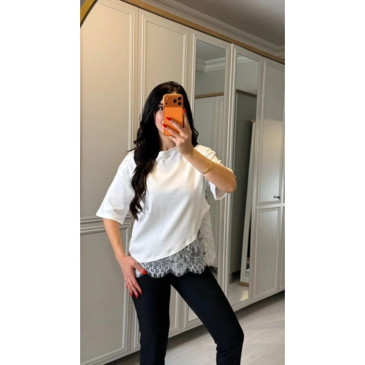 Kısa Kollu Bısıklet Yakalı Dantel Detaylı Vıskon ıkı ıplık Bluz