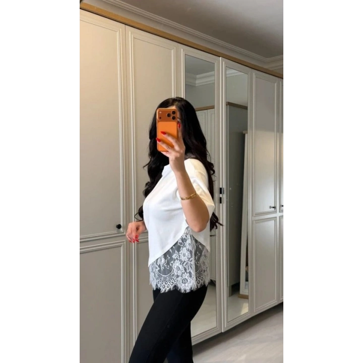 Kısa Kollu Bısıklet Yakalı Dantel Detaylı Vıskon ıkı ıplık Bluz