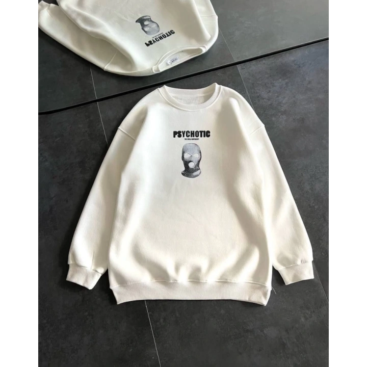 Kışlık Bisiklet Yaka Baskılı SweatShirt - Beyaz