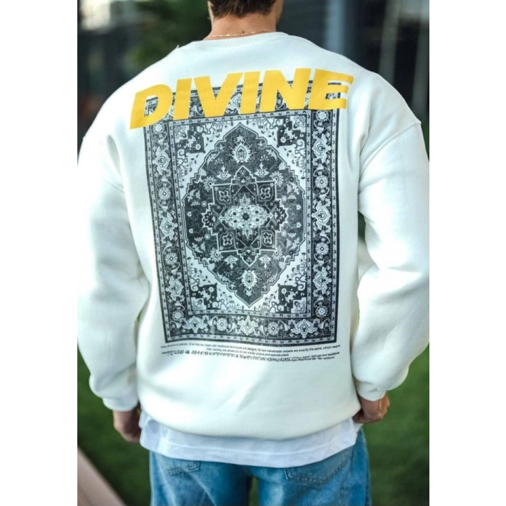 Kışlık Bisiklet Yaka Baskılı SweatShirt - Beyaz