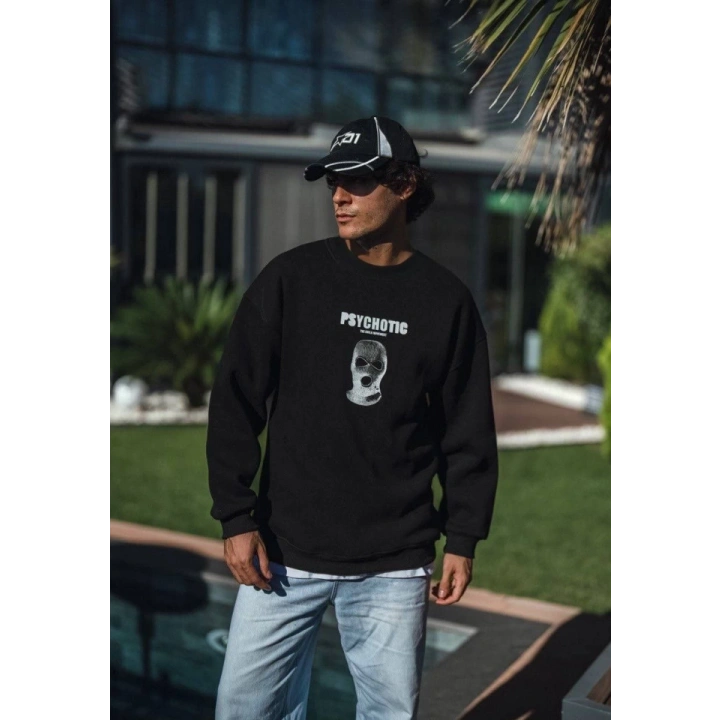 Kışlık Bisiklet Yaka Baskılı SweatShirt - Siyah