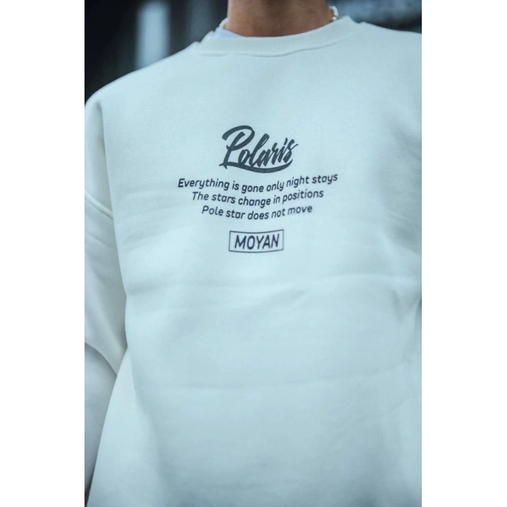Kışlık Bisiklet Yaka Ön Ve Arka Baskılı SweatShirt - Beyaz