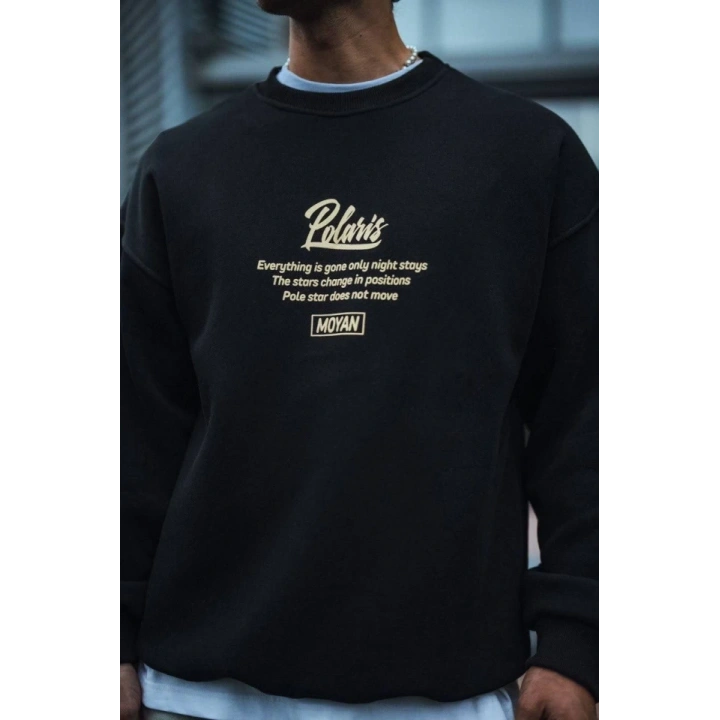 Kışlık Bisiklet Yaka Ön Ve Arka Baskılı SweatShirt - Siyah