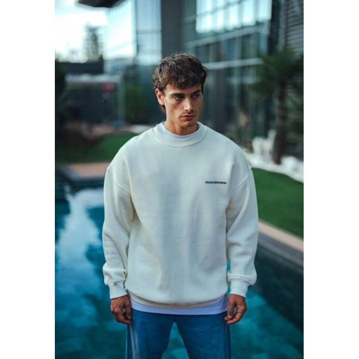 Kışlık Bisiklet Yaka Oversize Baskılı SweatShirt - Beyaz