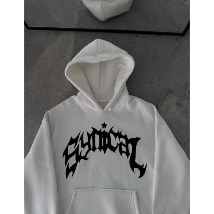 Kışlık Kapşonlu Baskılı Oversize SweatShirt- Beyaz