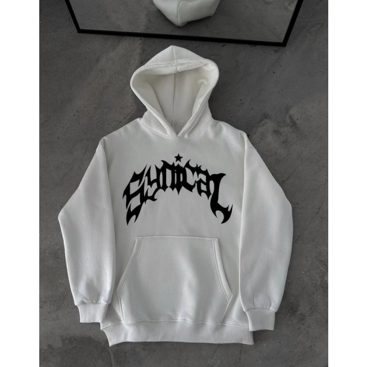 Kışlık Kapşonlu Baskılı Oversize SweatShirt- Beyaz