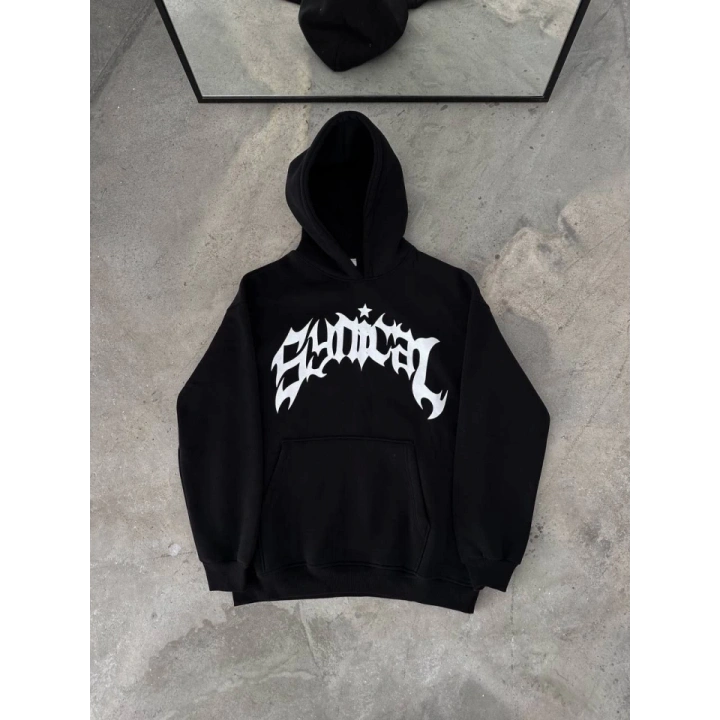 Kışlık Kapşonlu Baskılı Oversize SweatShirt- Siyah