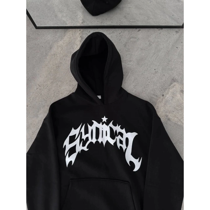 Kışlık Kapşonlu Baskılı Oversize SweatShirt- Siyah