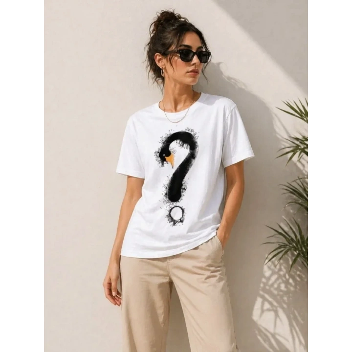 Kuğu Figürlü Soru İşareti Baskılı Tişört Kısa Kol T-Shirt - Beyaz