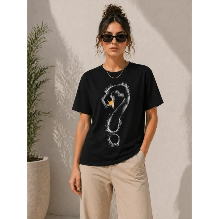 Kuğu Figürlü Soru İşareti Baskılı Tişört Kısa Kol T-Shirt - Siyah