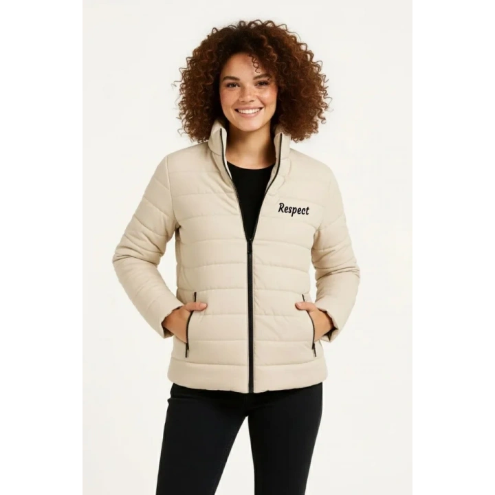 Mikro Su İtici Kapitone Baskılı Astarlı Fermuarlı Bomber Mont - Bej