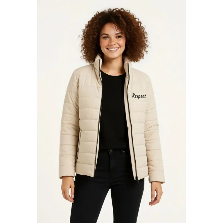 Mikro Su İtici Kapitone Baskılı Astarlı Fermuarlı Bomber Mont - Bej