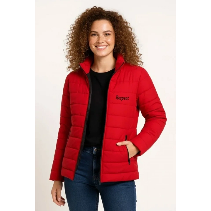 Mikro Su İtici Kapitone Baskılı Astarlı Fermuarlı Bomber Mont - Kırmızı