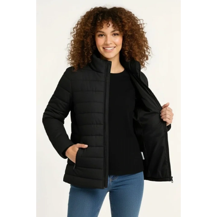 Mikro Su İtici Kapitone Baskılı Astarlı Fermuarlı Bomber Mont - Siyah