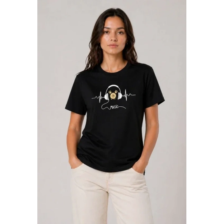 Müzik Temalı Baskılı Tişört Bisiklet Yaka Kısa Kol T-Shirt - Siyah