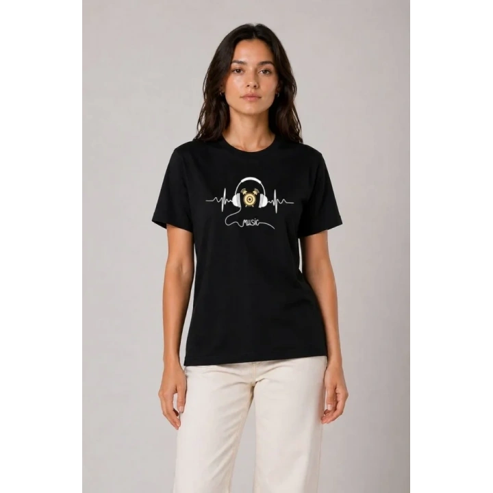 Müzik Temalı Baskılı Tişört Bisiklet Yaka Kısa Kol T-Shirt - Siyah