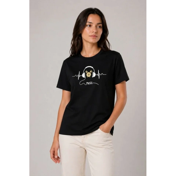 Müzik Temalı Baskılı Tişört Bisiklet Yaka Kısa Kol T-Shirt - Siyah
