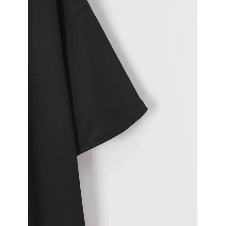 New York Baskılı Oversize Bisiklet Yaka T-shirt - Siyah