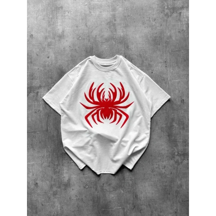 Örümcek Baskılı Tişört Kısa Kollu Bisiklet Yaka T-Shirt - Beyaz