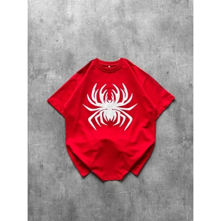 Örümcek Baskılı Tişört Kısa Kollu Bisiklet Yaka T-Shirt - Kırmızı