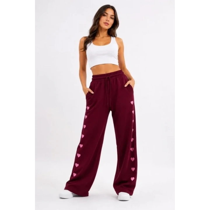 Osy Modal Yumuşak Dokulu Nakışlı Cepli Oversize Bol Paça Eşofman Altı - Bordo