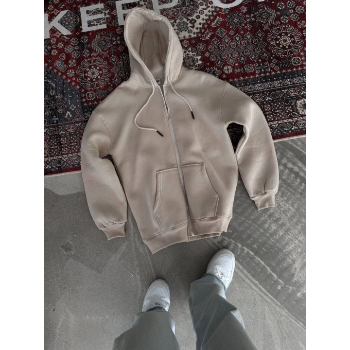 Oversize Tam Fermuarlı Uzun Kol Hırka - Bej